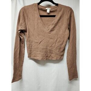 Women's Bozzolo Thermal Brown Long Sleeve Crop Top V Neck Shirt Size Medium
